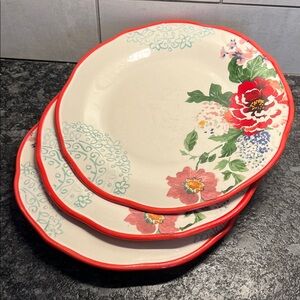 Set of 3 Pioneer Woman Floral Red-Trim Ceramic Dinner Plates - good condition